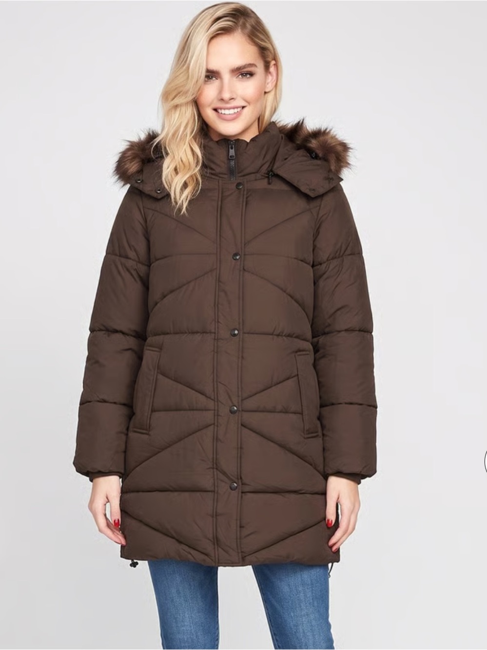 Sam Edelman Dark Brown Quilted Hooded Puffer Coat with Faux-Fur Trim